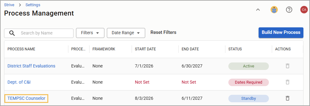 Process management table showing various processes and their statuses, including TEMPSC Counselor.